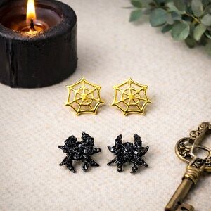 Sparkly Halloween Spider & Web Stud Earrings Set